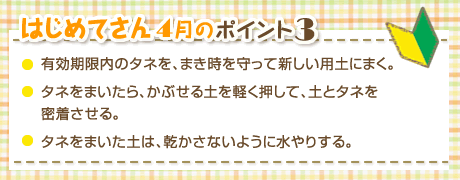 はじめてさん4月のポイント3　・有効期限内のタネを、まき時を守って新しい用土にまく。・タネをまいたら、かぶせる土を軽く押して、土とタネを密着させる。・タネをまいた土は、乾かさないように水やりする。