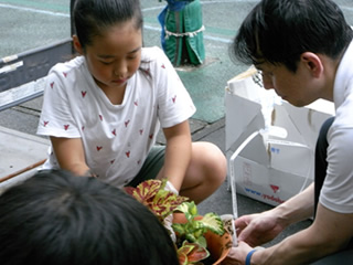 水やりにちょうどいい高さを考えて土を入れていきます