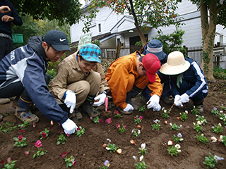⑧応援にかけつけた高等部の農耕班。小学部の子供たちが植えたビオラ苗の間にチューリップの球根を植えつけてくれました