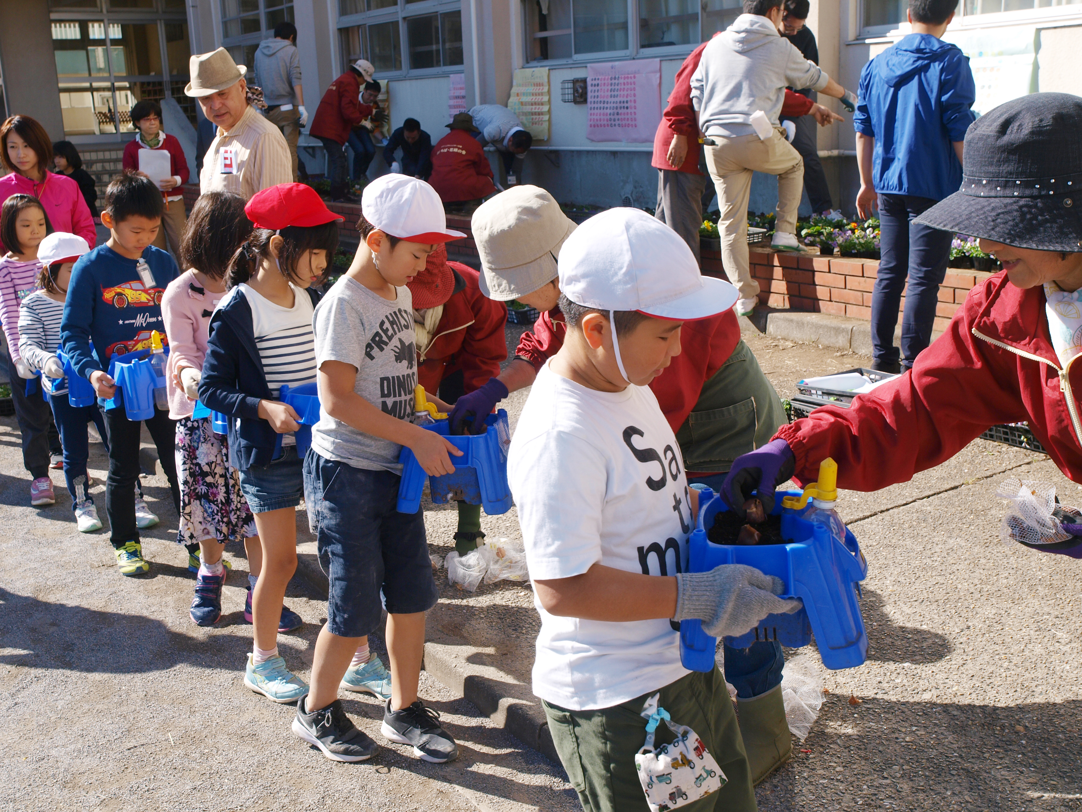 赤・白・黄色のチューリップの球根を並んで受け取ります