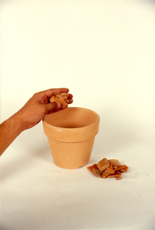 ③ 防虫網を敷き、鉢のかけらを1/4くらい入れる。