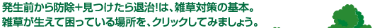 発生前から防除+見つけたら退治！は、雑草対策の基本。雑草が生えて困っている場所を、クリックしてみましょう。